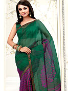 It is color this season and bright shaded suits are really something that is totally in vogue. This green and purple net printed casual wear saree have floral print patch on pallu and lines print on all over the saree. Border has amazing contrasting fabric lace. It’s cool and has a very modern look to impress all. Matching blouse is available.  Slight Color variations are possible due to differing screen and photograph resolutions.