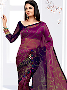 Era with extension in fashion, style, Grace and elegance have developed grand love affair with this ethnical wear. This purple net printed casual wear saree have beautiful floral print work on all over. Border has amazing contrasting fabric lace. It’s cool and has a very modern look to impress all. Matching blouse is available.  Slight Color variations are possible due to differing screen and photograph resolutions.