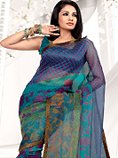 Take the fashion industry by storm in this beautiful printed saree. This light blue net printed casual wear saree have beautiful floral, paisley and dots print work on all over. Border has amazing contrasting fabric lace. It’s cool and has a very modern look to impress all. Matching blouse is available.  Slight Color variations are possible due to differing screen and photograph resolutions.