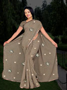 Printed Saree with Sequins thread booti work and antic lace border