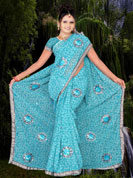 Georgette printed Saree with sequins and thread work all Saree boota with silver lace border