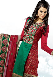 Let your personality articulate for you with this designer embroidery suit. This maroon chanderi print Kameez is embellished with stylish embroidered neck pattern done with resham threads. And border patch work on bottom make attractive. Matching churidar and dupatta made it attractive and unique to others. Slight Color variations are possible due to differing screen and photograph resolutions. 