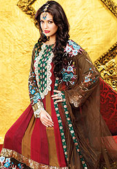 Motivate your look with this red-brown suit. This suit adorns with embroidery border work. Beautiful embroidery done with resham threads on kameez which is enhanced your personality. Stylish chandery print pattern on neck is stunning and give’s a singular look. Matching churidar and dupatta is available with this. Slight Color variations are possible due to differing screen and photograph resolutions.