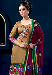 Try out this year top trend, glowing, bold and natural collection. A graceful light brown, purple suit worked with fine embroidery work on kameez with resham, sitara, mirror and sitara border. Back of kameez has beautiful embroidery to create centre of attraction. Dupatta is also having a nice patch work. It’s cool and has a very modern look to impress all. This suit is crafted for giving you ultimate look. Matching churidar and dupatta is available. Slight Color variations are possible due to differing screen and photograph resolutions.