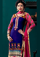 Fantastic georgette suit embellished with embroidery with matching churidar and dupatta. Amazing kameez adorned with resham floral patch work on bottom and fabric lace. Beautiful embroidery on neckline and sleeves. Back of kameez is printed. Combination of colors and embroidery border made very pretty and enhanced your personality. Outfit is a novel ways of getting yourself noticed. A matching churidar and embellished dupatta is available. Search item code CSST5966 to see the back pattern.Slight color variations are possible due to differing screen and photograph resolutions.