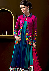 Make a trendy look with this classic Bright Pink, Blue embroidery suit with dupatta. This plain duo shaded kameez having a embroidered border and amazing long coati nicely designed with floral embroidery with resham threads. Matching churidar and dupatta made it attractive and exclusive to others. Slight Color variations are possible due to differing screen and photograph resolutions.