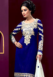 It is color this season and bright shaded suits are really something that is totally in vogue. An amazing Royal Blue, White suit with beautifully work of resham embroidery on kameez and sleeves with border. Matching churidar and dupatta also beautified with embroidery. Slight color variations are possible due to differing screen and photograph resolutions.