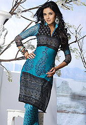 Let your personality articulate for you with this designer printed suit. Fantastic pure cotton suit with faux chiffon dupatta and matching churidar is fascinating. Amazing kameez adorned with beautiful floral print work.  Paired with matching dupatta and churidar, the entire ensemble makes an excellent wear. Slight Color variations are possible due to differing screen and photograph resolutions.
