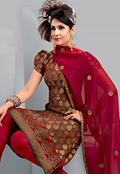 Be the cynosure of all eyes with this wonderful casual wear salwaar kameez in flattering colors and combinations. This Amazing chanderi kameez adorned with floral patterned embroidery patch done with zari and resham work. This awesomely designed pattern give’s you a gorgeous and dazzling look everywhere. Combination of churidar and embroidered dupatta gives a casual look. Slight Color variations are possible due to differing screen and photograph resolutions.