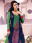 Be ready to slip in the comfort zone of this blue and green suit. The dazzling kameez have amazing floral embroidered patch and border done with resham threads. Matching embroidered butti work shaded dupatta and churidar is available. This drape material is Faux georgette. The entire ensemble makes an excellent wear. Slight Color variations are possible due to differing screen and photograph resolutions.
