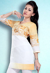 This White and Grey Readymade Indo Western Tunic. This tunic is nicely designed with floral embroidery work done with cotton thread. This is perfect casual wear readymade tunics. This is made with linen cotton fabric. Slight color variations are possible due to differing screen and photograph resolution.