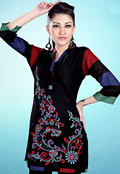 This Black Readymade Indo Western Tunic. This tunic is nicely designed with floral embroidery work done with cotton thread. This is perfect casual wear readymade tunics. This is made with linen cotton fabric. Slight color variations are possible due to differing screen and photograph resolution.