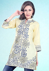 This Yellow Readymade Indo Western Tunic. This tunic is nicely designed with floral embroidery work done with cotton thread. This is perfect casual wear readymade tunics. This is made with linen cotton fabric. Slight color variations are possible due to differing screen and photograph resolution.