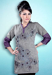 This Grey Readymade Indo Western Tunic. This tunic is nicely designed with floral embroidery work done with cotton thread. This is perfect casual wear readymade tunics. This is made with linen cotton fabric. Slight color variations are possible due to differing screen and photograph resolution.