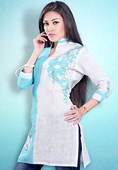 This White and Sky Blue Readymade Indo Western Tunic. This tunic is nicely designed with floral embroidery work done with cotton thread. This is perfect casual wear readymade tunics. This is made with linen cotton fabric. Slight color variations are possible due to differing screen and photograph resolution.