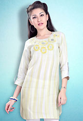 This White and Lemon Yellow Readymade Indo Western Tunic. This tunic is nicely designed with floral embroidery work done with cotton thread. This is perfect casual wear readymade tunics. This is made with linen cotton fabric. Slight color variations are possible due to differing screen and photograph resolution.