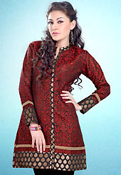 This Red and Black Readymade Indo Western Tunic. This tunic is nicely designed with floral embroidery work done with cotton thread. This is perfect casual wear readymade tunics. This is made with linen cotton fabric. Slight color variations are possible due to differing screen and photograph resolution.