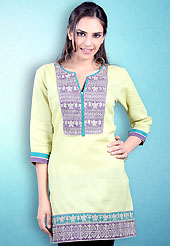 This Lemon Yellow Readymade Indo Western Tunic. This tunic is nicely designed with floral embroidery work done with cotton thread. This is perfect casual wear readymade tunics. This is made with linen cotton fabric. Slight color variations are possible due to differing screen and photograph resolution.