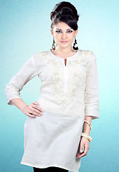 This White Readymade Indo Western Tunic. This tunic is nicely designed with floral embroidery work done with cotton thread. This is perfect casual wear readymade tunics. This is made with linen cotton fabric. Slight color variations are possible due to differing screen and photograph resolution.