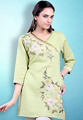 This Light Green Readymade Indo Western Tunic. This tunic is nicely designed with floral embroidery work done with cotton thread. This is perfect casual wear readymade tunics. This is made with linen cotton fabric. Slight color variations are possible due to differing screen and photograph resolution.