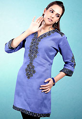 This Blue and Black Readymade Indo Western Tunic. This tunic is nicely designed with floral embroidery work done with cotton thread. This is perfect casual wear readymade tunics. This is made with linen cotton fabric. Slight color variations are possible due to differing screen and photograph resolution.