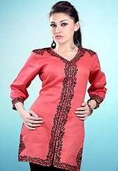 This Red and Black Readymade Indo Western Tunic. This tunic is nicely designed with floral embroidery work done with cotton thread. This is perfect casual wear readymade tunics. This is made with linen cotton fabric. Slight color variations are possible due to differing screen and photograph resolution.