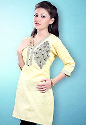 This Light Yellow and Black Readymade Indo Western Tunic. This tunic is nicely designed with floral embroidery work done with cotton thread. This is perfect casual wear readymade tunics. This is made with linen cotton fabric. Slight color variations are possible due to differing screen and photograph resolution.