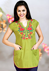 Bold colors created by the inventive drapes of textile catch the imagination like no other contemporary clothing. This simple and pretty kurti has beautiful floral embroidery and print work. Embroidery patch is done with resham threads. This drape material is cotton. The entire ensemble makes an excellent wear. This is a perfect casual wear readymade kurti. Slight Color variations are possible due to differing screen and photograph resolutions.