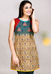 Keep the interest with this designer print kurti. This kurti is embellished with beautiful floral print work on all over in fabulous style. This kurti is made with cotton fabric. This is readymade casual wear and 36,38,40,42 & 44 sizes are available. Slight Color variations are possible due to differing screen and photograph resolutions.