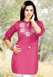 The traditional patterns used on this kurti maintain the ethnic look. This simple and pretty kurti has beautiful floral embroidery and print work. Embroidery patch is done with resham threads. This drape material is cotton. The entire ensemble makes an excellent wear. This is a perfect casual wear readymade kurti. Slight Color variations are possible due to differing screen and photograph resolutions.