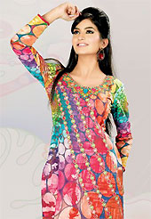 This multicolor cotton tunic is nicely designed with polka dot, abstract print and lace work in fabulous style. This is a perfect casual wear. This is made with cotton fabric. Bottom shown in the image is just for photography purpose. Slight color variations are possible due to differing screen and photograph resolution.