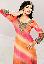 This orange and deep pink cotton tunic is nicely designed with floral, traditional print and lace work in fabulous style. This is a perfect casual wear. This is made with cotton fabric. Bottom shown in the image is just for photography purpose. Slight color variations are possible due to differing screen and photograph resolution.