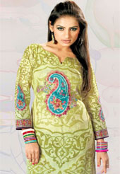 This light olive green cotton tunic is nicely designed with floral print, resham, sequins and lace work in fabulous style. This is a perfect casual wear. This is made with cotton fabric. Bottom shown in the image is just for photography purpose. Slight color variations are possible due to differing screen and photograph resolution.