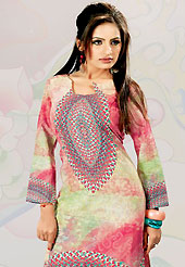 This pink and sea green cotton tunic is nicely designed with abstract, paisley print and lace work in fabulous style. This is a perfect casual wear. This is made with cotton fabric. Bottom shown in the image is just for photography purpose. Slight color variations are possible due to differing screen and photograph resolution.