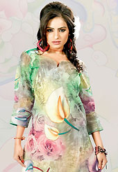 This light grey and pastel green cotton tunic is nicely designed with floral, abstract print and lace work in fabulous style. This is a perfect casual wear. This is made with cotton fabric. Bottom shown in the image is just for photography purpose. Slight color variations are possible due to differing screen and photograph resolution.