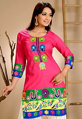 An occasion wear perfect is ready to rock you. This simple and pretty kurti has beautiful floral embroidery work is done with resham threads. This drape material is cotton. The entire ensemble makes an excellent wear. This is a perfect casual wear readymade kurti. Bottom shown in the image is just for photography purpose. Slight Color variations are possible due to differing screen and photograph resolutions.