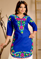 The fascinating beautiful subtly garment with lovely patterns. This simple and pretty kurti has beautiful floral embroidery work is done with resham threads. This drape material is cotton. The entire ensemble makes an excellent wear. This is a perfect casual wear readymade kurti. Bottom shown in the image is just for photography purpose. Slight Color variations are possible due to differing screen and photograph resolutions.