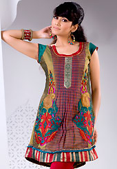 This red crepe readymade tunic is nicely designed with floral print work. Bottom shown in the image is just for photography purpose. The entire ensemble makes an excellent wear. This is a perfect casual wear readymade kurti. Slight Color variations are possible due to differing screen and photograph resolutions.