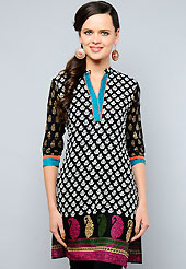 This tunic is nicely designed with black print and patch work. This is perfect casual wear readymade tunics. This drape material is cotton. Bottom shown in the image is just for photography purpose. Slight color variations are possible due to differing screen and photograph resolution.