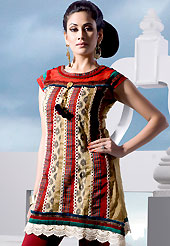 The fascinating beautiful subtly garment with lovely patterns. This beautiful designer light fawn and maroon cotton readymade kurti have amazing block print and embroidery work is done with resham, zari, latkan and lace work. The entire ensemble makes an excellent wear. This is a perfect patry wear readymade kurti. Bottom shown in the image is just for photography purpose. Slight Color variations are possible due to differing screen and photograph resolutions.