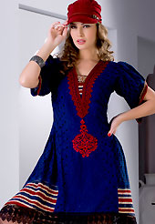 The glamorous silhouette to meet your most dire fashion needs. This beautiful designer dark blue cotton readymade kurti have amazing embroidery work is done with resham, stone and lace work. The entire ensemble makes an excellent wear. This is a perfect patry wear readymade kurti. Bottom shown in the image is just for photography purpose. Slight Color variations are possible due to differing screen and photograph resolutions.