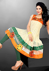 Essential collection of printed kurti with marvelous style. This beautiful designer cream, orange and green georgette readymade tunic have amazing floral print and embroidery patch work is done with resham work. The entire ensemble makes an excellent wear. This is a perfect patry wear readymade kurti. Bottom and accessories shown in the image is just for photography purpose. Slight Color variations are possible due to differing screen and photograph resolutions.
