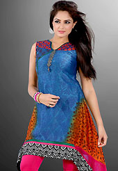 Take the fashion industry by storm in this beautiful printed kurti. This beautiful designer blue and rust cotton readymade tunic have amazing floral print and embroidery patch work is done with resham thread and latken work. The entire ensemble makes an excellent wear. This is a perfect patry wear readymade kurti. Bottom and accessories shown in the image is just for photography purpose. Slight Color variations are possible due to differing screen and photograph resolutions.