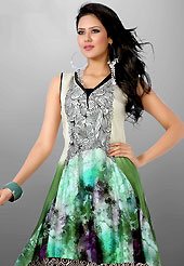 Exquisite combination of color, fabric can be seen here. This beautiful designer off white and green cotton readymade tunic have amazing floral, abstract print and embroidery patch work is done with resham thread work. The entire ensemble makes an excellent wear. This is a perfect patry wear readymade kurti. Bottom and accessories shown in the image is just for photography purpose. Slight Color variations are possible due to differing screen and photograph resolutions.