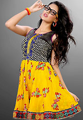 Keep the interest with this designer printed kurti. This beautiful designer yellow and black cotton readymade tunic have amazing floral print and embroidery patch work is done with resham, mirror and latken work. The entire ensemble makes an excellent wear. This is a perfect patry wear readymade kurti. Accessories shown in the image is just for photography purpose. Slight Color variations are possible due to differing screen and photograph resolutions.