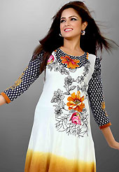 Welcome to the new era of Indian fashion wear. This beautiful designer white, shaded mustard and black cotton readymade tunic have amazing flower, abstract print and embroidery patch work is done with resham thread and lace work. The entire ensemble makes an excellent wear. This is a perfect patry wear readymade kurti. Bottom and accessories shown in the image is just for photography purpose. Slight Color variations are possible due to differing screen and photograph resolutions.