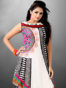An endearing splash oh colors look gorgeous tridimensional charm. This beautiful designer white and black georgette readymade tunic have amazing abstract, spiral, dots print and embroidery patch work is done with resham work. The entire ensemble makes an excellent wear. This is a perfect patry wear readymade kurti. Bottom and accessories shown in the image is just for photography purpose. Slight Color variations are possible due to differing screen and photograph resolutions.