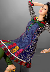 This season dazzle and shine in pure colors. This beautiful designer dark blue cotton readymade tunic have amazing floral, paisley print and embroidery patch work is done with resham and lace work. The entire ensemble makes an excellent wear. This is a perfect patry wear readymade kurti. Bottom and accessories shown in the image is just for photography purpose. Slight Color variations are possible due to differing screen and photograph resolutions.
