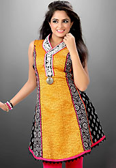 Look stunning rich with dark shades and floral patterns. This beautiful designer yellow and black cotton readymade tunic have amazing floral print and embroidery patch work is done with resham and lace work. The entire ensemble makes an excellent wear. This is a perfect patry wear readymade kurti. Bottom and accessories shown in the image is just for photography purpose. Slight Color variations are possible due to differing screen and photograph resolutions.