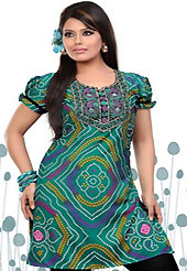 This teal green american crepe readymade tunic is nicely designed with bandhej print and patch work. This is a perfect casual wear readymade kurti. Bottom shown in the image is just for photography purpose. Minimum quantity order 12pcs in each style. Slight Color variations are possible due to differing screen and photograph resolutions.